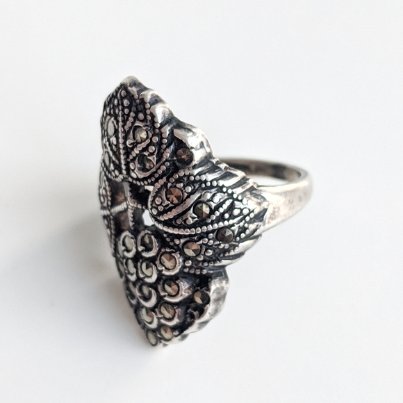 Small Sterling and Marcasite Art Nouveau Ring Sz 4.75 - Picture 6 of 10